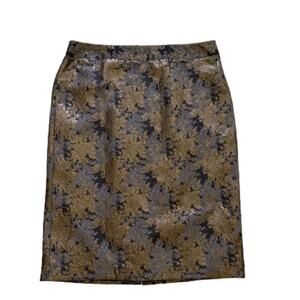 Liz Claiborne Career Skirt Gray Gold Metallic Jacquard Midi Dressy Skirt Size 14